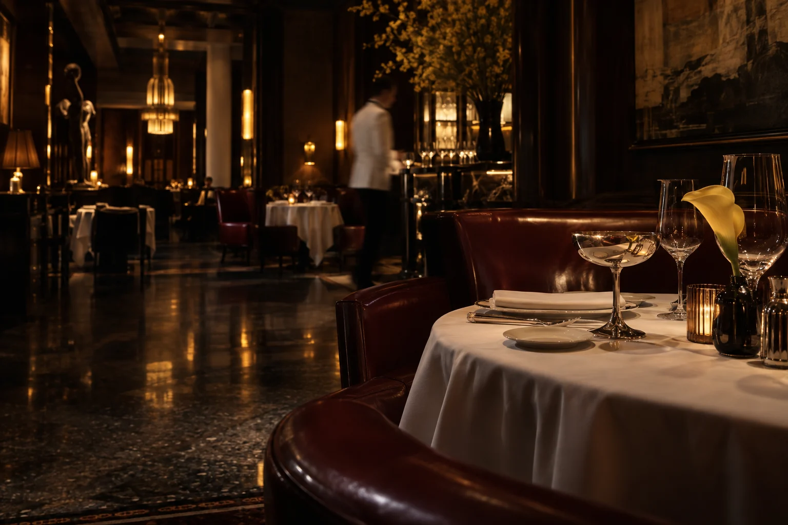 Candlelit restaurant with sculptural glassware and a table prepared for evening service